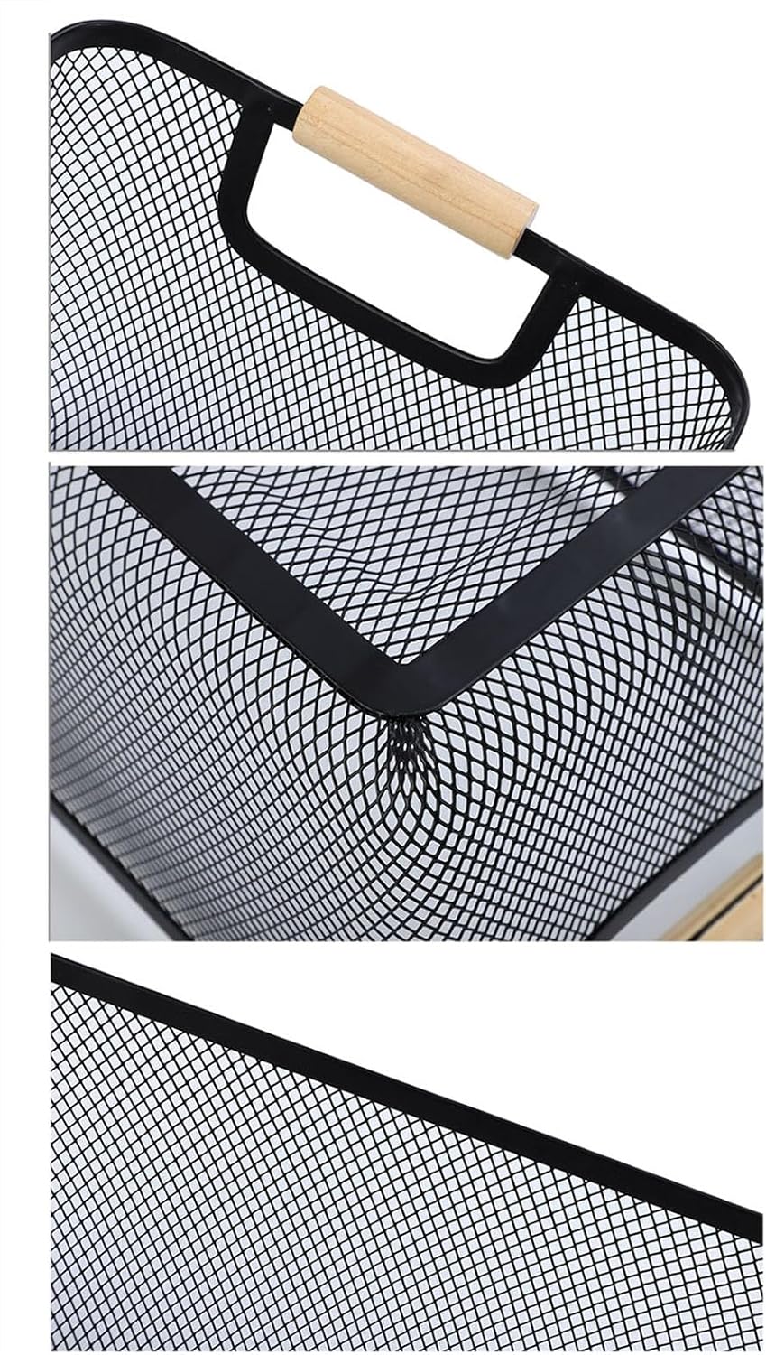 AJIODA Metal Mesh Steel Basket, Large Wire Storage Organizer Basket Multi-function Hanging Kitchen Baskets with Wood Handle for Kitchen Bathroom Picnic Home, Rectangle-Black