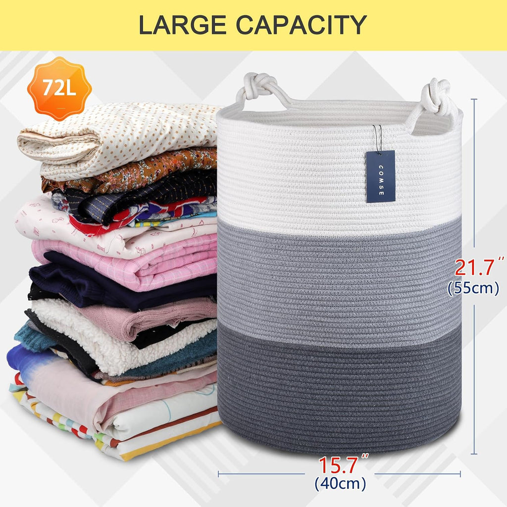 COMSE Laundry Hamper, Extra Large 15.7"x 21.7", Cotton Rope Basket, Portable, White & Light Gray & Dark Gray