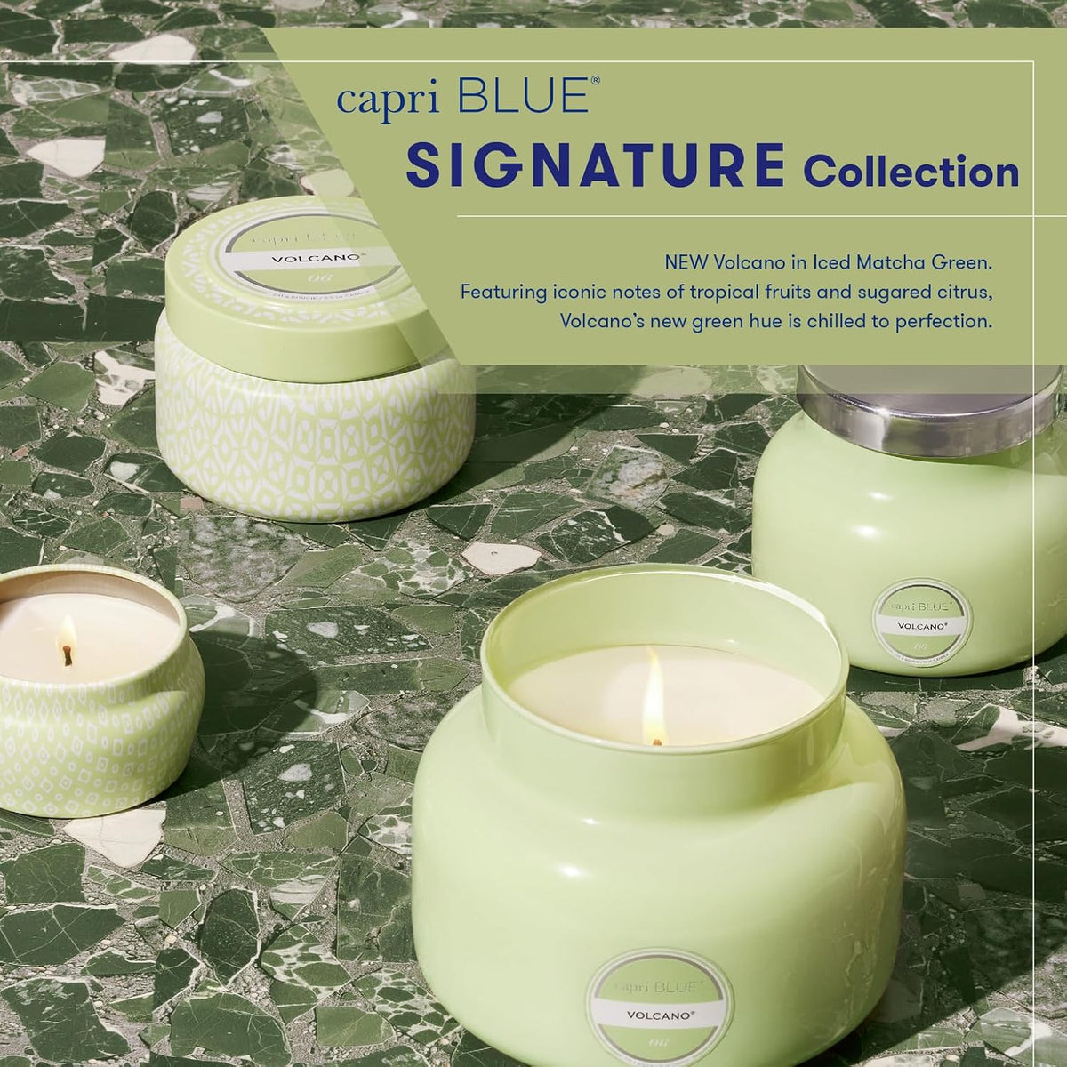 Capri Blue Volcano Scented Candles - Printed Travel Tin - Blended Soy Candles for Home Scented with Tropical Fruits & Sugared Citrus - Spring Home Decor (Iced Matcha Green Color, 8.5 oz)