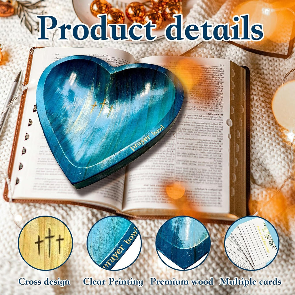 Heart Prayer Bowl with Cross,Prayer Bowll with Cards, Heart Prayer Bowl Wooden,With 24 Cards,Enhance Home Decor or Room Ambiance For Christian Congregation Gifts (C)