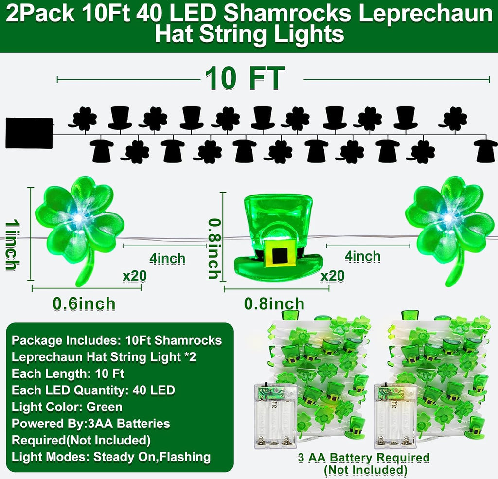 2 Pack St Patricks Day Decorations, Total 20FT 80LED Shamrocks Leprechaun Hat String Lights Timer Waterproof Lucky Clover Green Fairy Lights Battery Operated for St. Patrick's Day Decor Bedroom Party