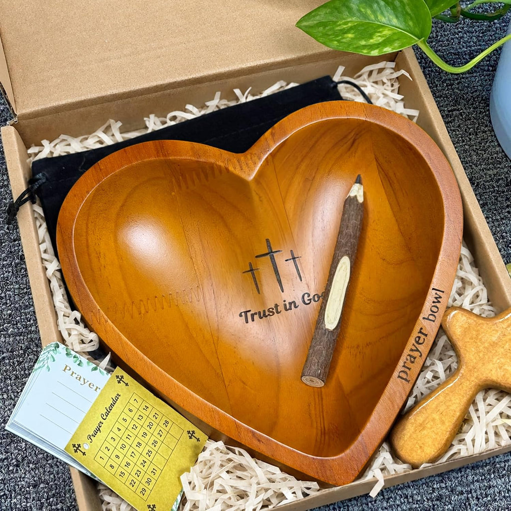 Prayer Bowls for Women Trust In God - Wooden Heart Prayer Bowl with 30 Cards & Wooden Fidget Cross - Birthday Gifts for Christian Women, Godmothers, Mom, Brown Heart Decorative Bowl with Storage Bag