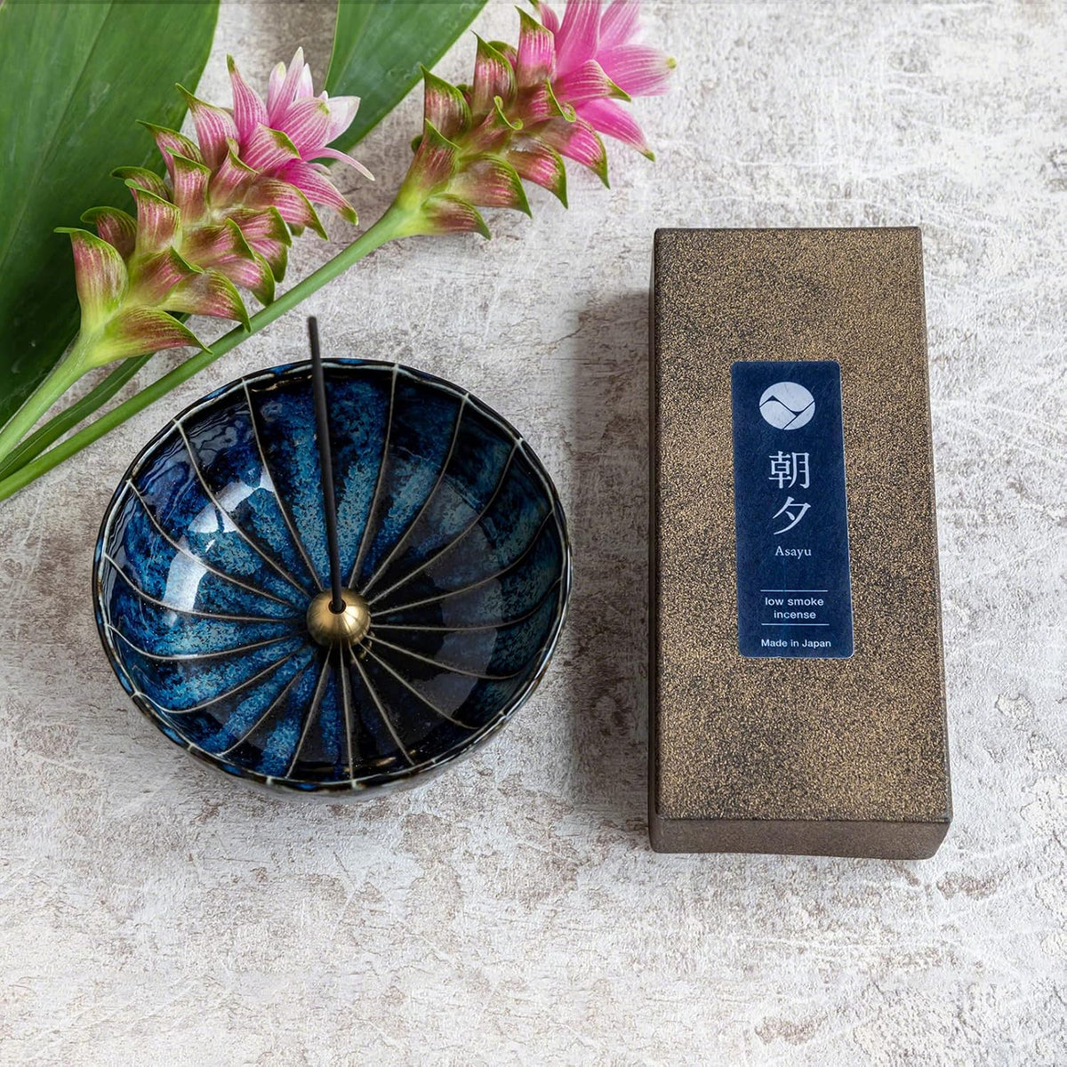 Asayu Japan Yoga Incense Gift Set with Navy Blue Lotus Holder, Low Smoke