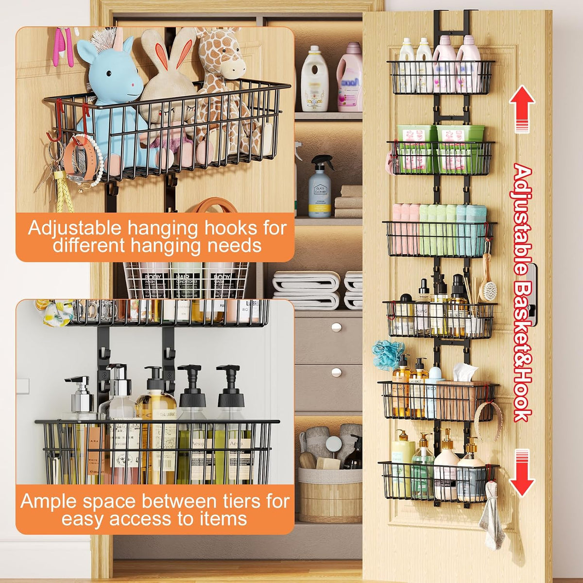 Hongtamoya Over The Door Organizer, Adjustable Hanging Door Organizer with 6 Wire Baskets 5 Hooks, Metal Behind The Door Storage for Pantry Closet Bedroom Bathroom Cabinet Kitchen Laundry Room, Black