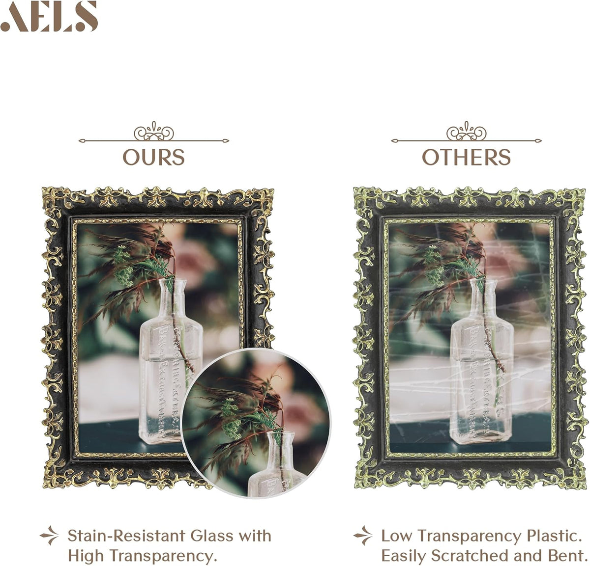 AELS 5x7 Inch Vintage Picture Frame, Elegant Antique Photo Frames with Glass Front, Photo Display, Tabletop Wall Hanging, Gift Ideas, Vine Pattern, Gold and Black