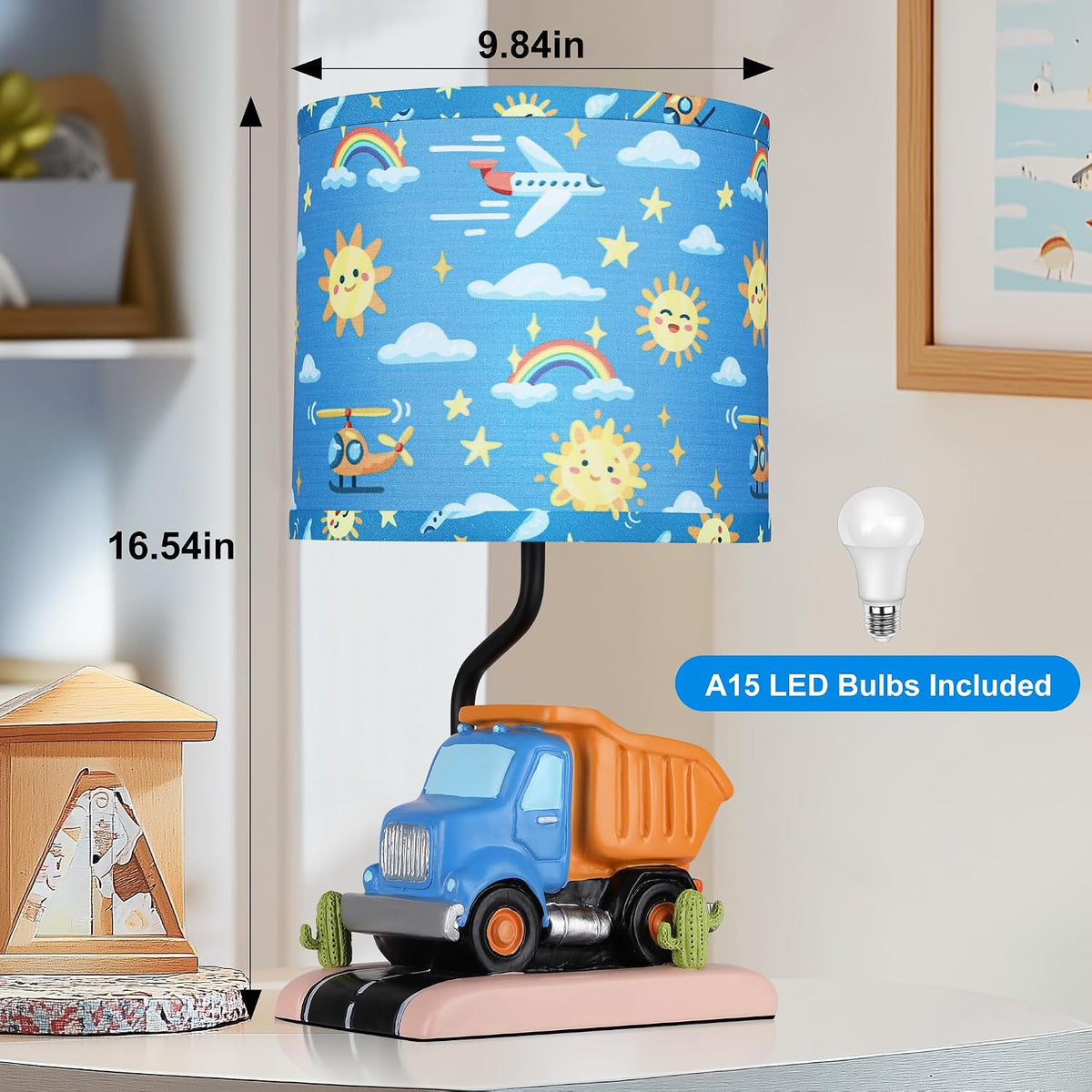 Hamucd Car Bedside Table Lamp for Kid, Truck Nursery Lamp for Boy Girl Bedroom Nightstand Study Room,Cute Desk Lamp with Blue Lampshade for Toddler Playing Room Classroom Decor,1 LED Bulb Included