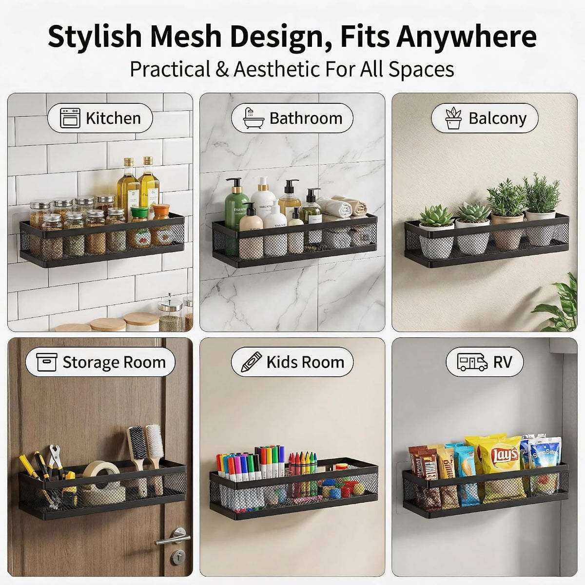 PUSDON 16.5-Inch Extra Long Slim Mesh Shower Caddy, Wall Mounted Bathroom Organizer with Adhesive, Heavy Duty Rustproof Shelf for Narrow Kitchen Pantry & RV, Holds 50 LBS 2-Pack - Matte Black Netting