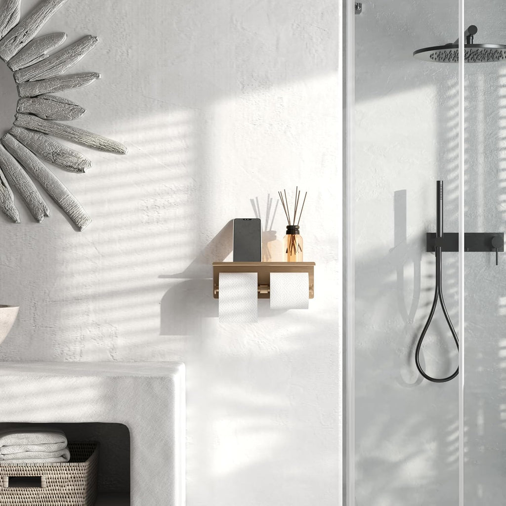 Double Toilet Paper Holder with Shelf Champagne Gold Wall Mount