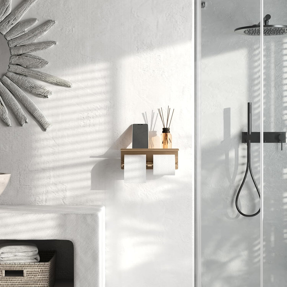 Double Toilet Paper Holder with Shelf Champagne Gold Wall Mount