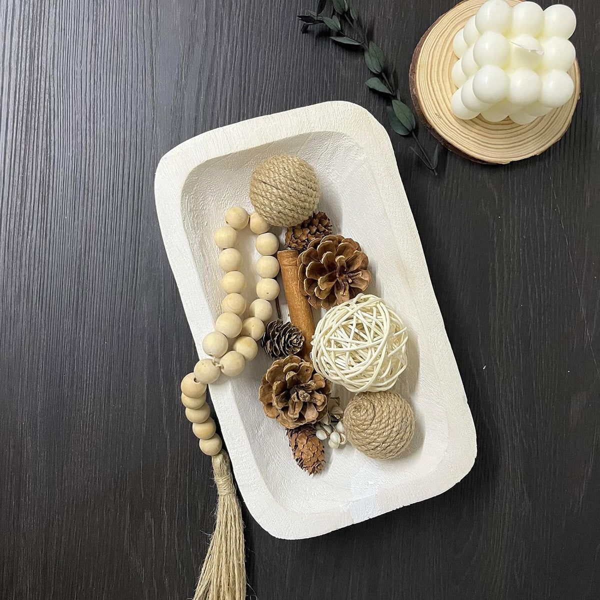 Wooden Dough Bowl Decor, Vintage Wooden Bowl Hand Carved Home Decor for Dining Table Center, Living Room, Kitchen Decor. (10in white)
