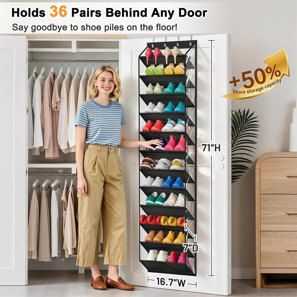MISSLO 36 Pairs Clear Over the Door Shoe Organizer Closet Hanging Shoe Rack for Door with Large Deep Pockets Shoes Hanger Holder for Sneakers, Boots, Heels Storage (Black)
