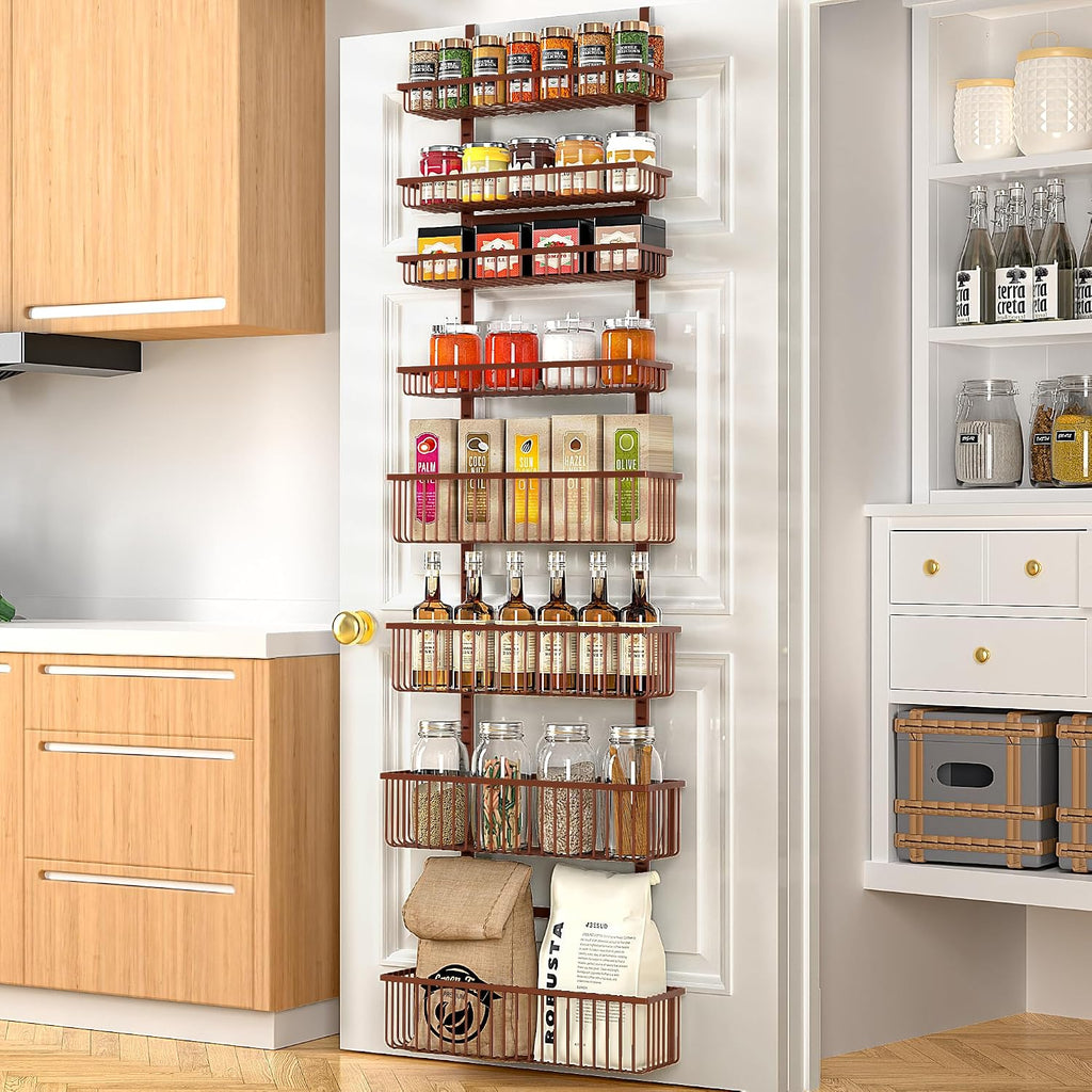 Moforoco Over The Door Pantry Organizer, Pantry Door Organizer Shelves, Kitchen Organizers and Storage, Hanging Basket Wall Spice Rack Seasoning Shelves, Laundry Room Bathroom accessories（Brown ）