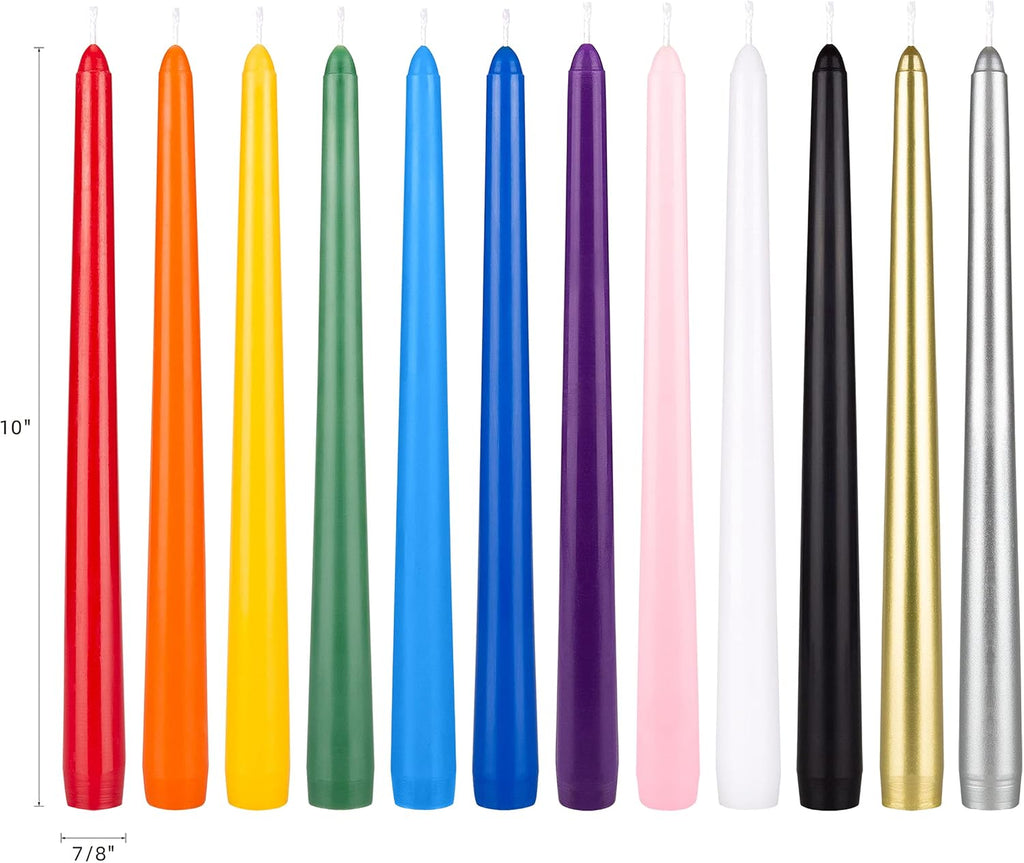 Mega Candles 12 pcs Unscented Supreme Assorted Colors Chime Taper Candles, Handcrafted Wax Candle 10 Inch x 7/8 Inch, Casting Chimes, Rituals, Spells, Vigils, Witchcraft, Wiccan, Meditation, Altar