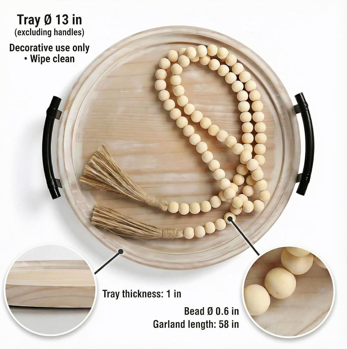 Relaxing Garden 13" Round Decorative Wood Tray with Handles