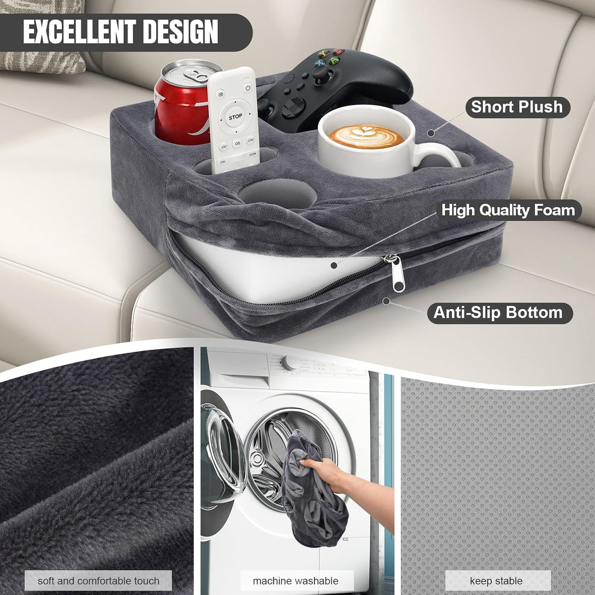 Couch Cup Holder Pillow - Sofa Drink Cup Holder Cozy Buddy, Grey