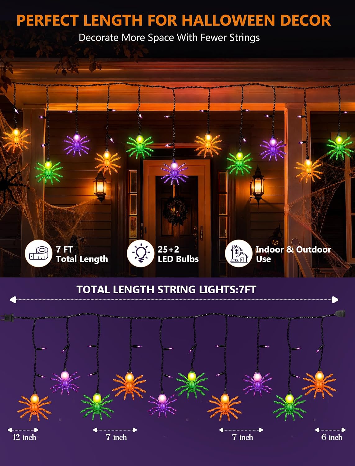 Halloween Spider String Lights, 7Ft Halloween Decorations Lights with 10 LED Colorful Spider Lights 15 Mini Purple Bulbs, Hanging Fairy Lights UL Listed for Outdoor Curtain Porch Bar Party Decor