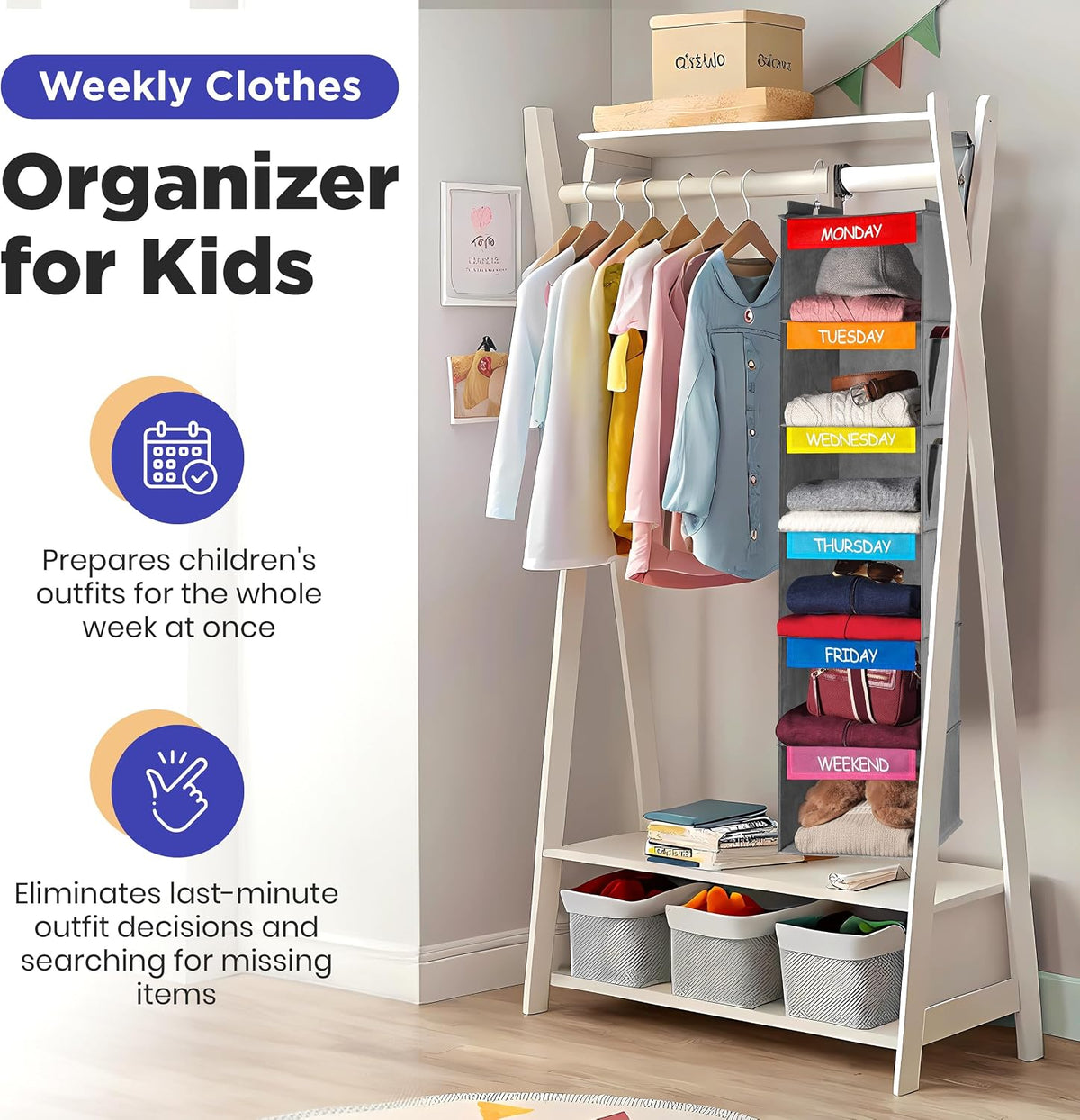 Handy Laundry Kids Hanging Closet Organizer 6-Shelf with Day-of-Week Labels