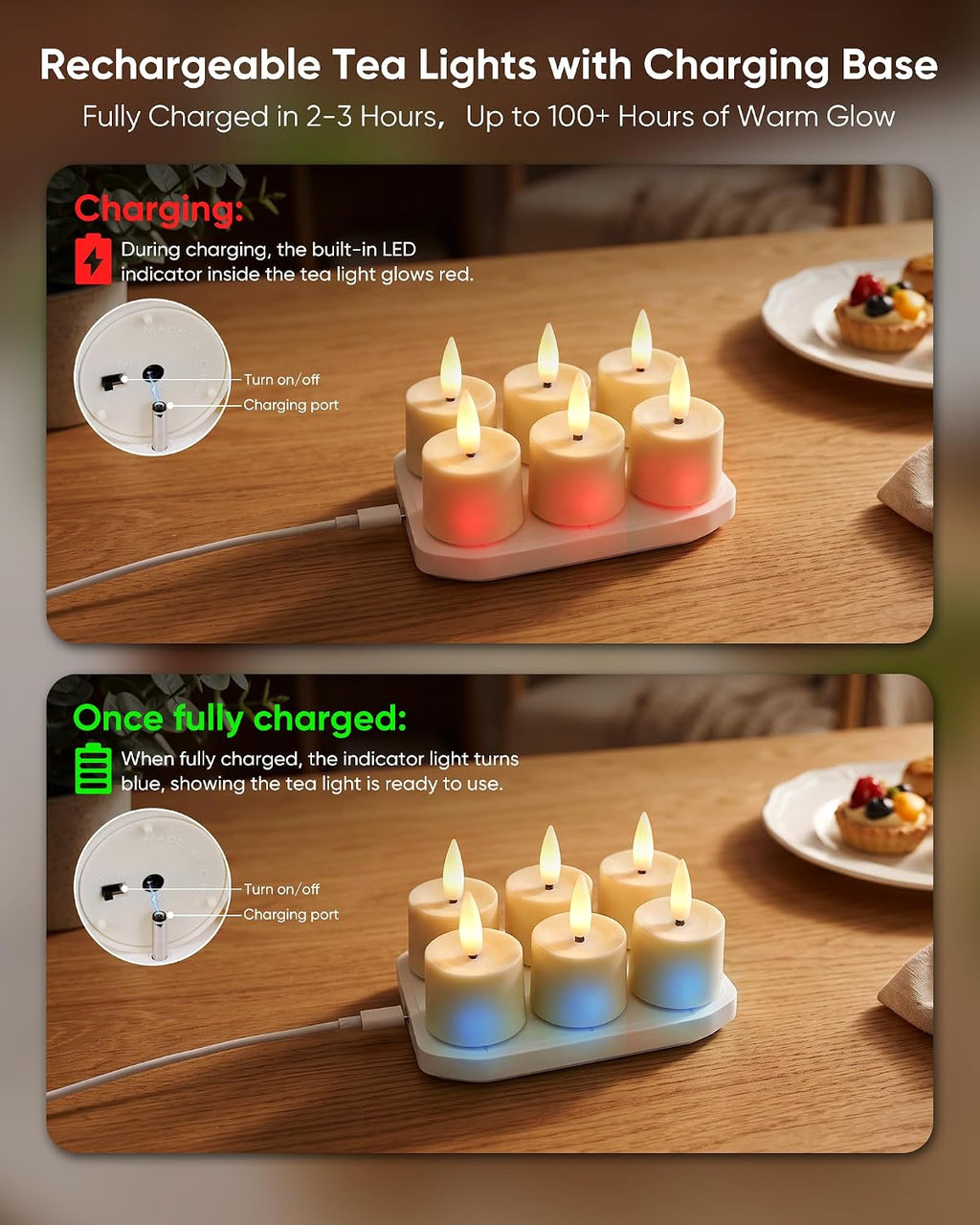BEICHI 6Pack Rechargeable Tea Lights with Remote Timer,White Charging Base