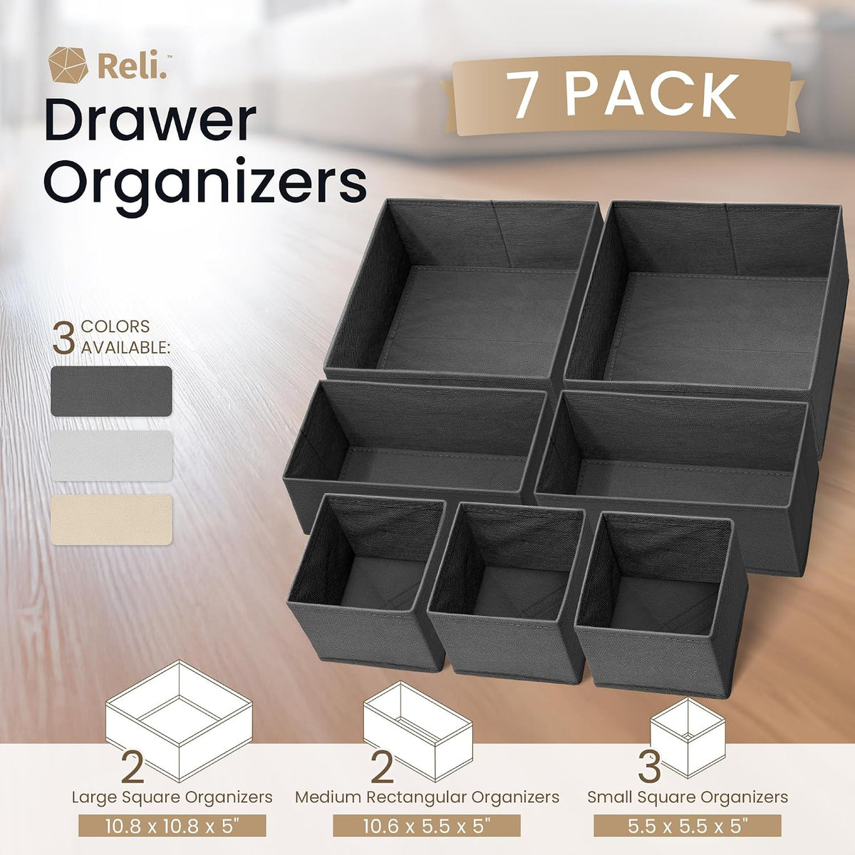 Reli. Drawer Organizers Clothes 7 Pack | Foldable Dresser Drawer Organizer