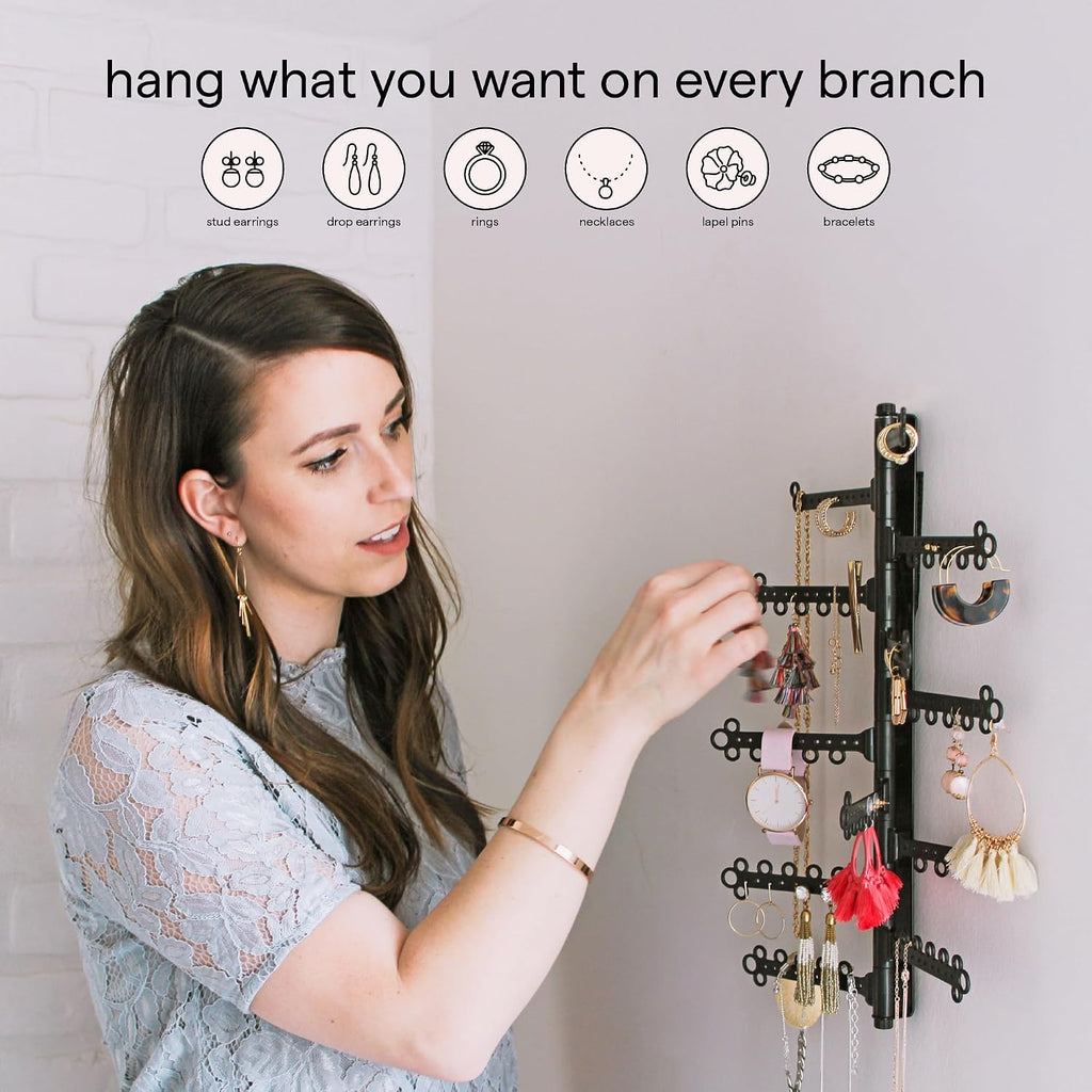 12-Tier Hanging Wall Jewelry Organizer, Earring,Necklace,Ring Holder-Black