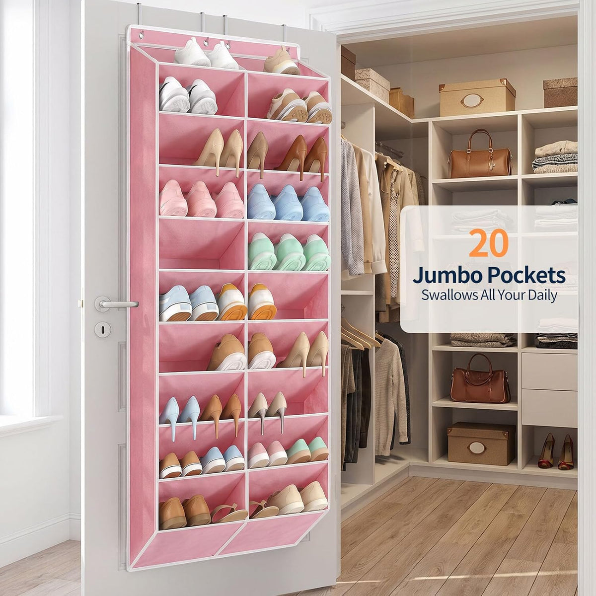 Yecaye 30 Pairs Over the Door Shoe Organizer, Large Capacity Hanging Shoe Rack for Door with Deep Pockets, Heavy Duty 10 Tier Shoe Holder for Sneakers Boots Heels College Dorm Essentials, Dusty Pink
