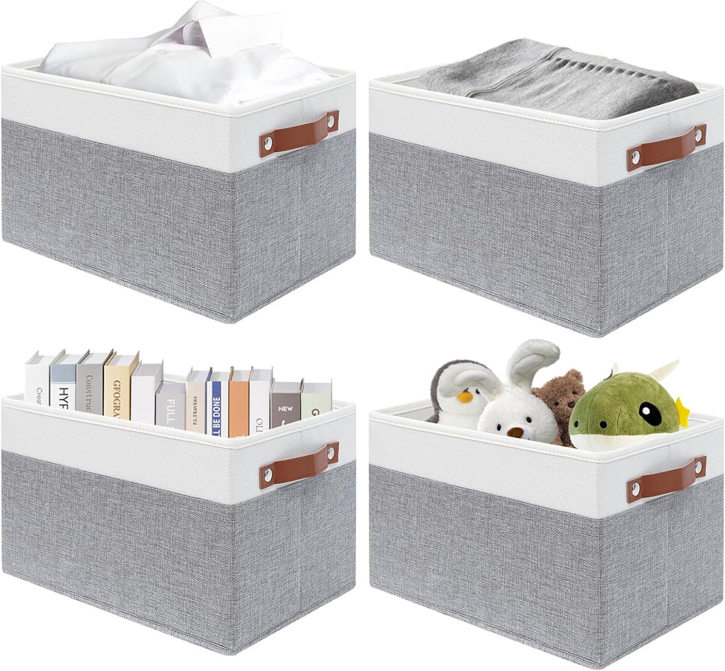 SNWDN 4 Pack Collapsible Fabric Storage Baskets with Handles (White/Grey 15''Lx10.2''Wx9''H)
