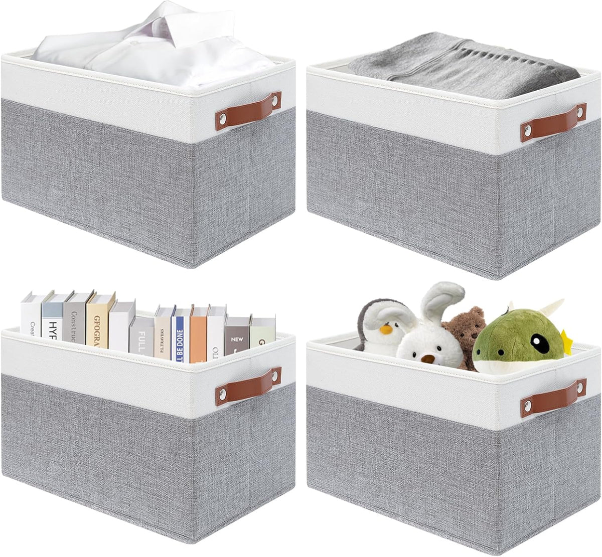 SNWDN 4 Pack Collapsible Fabric Storage Baskets with Handles (White/Grey 15''Lx10.2''Wx9''H)