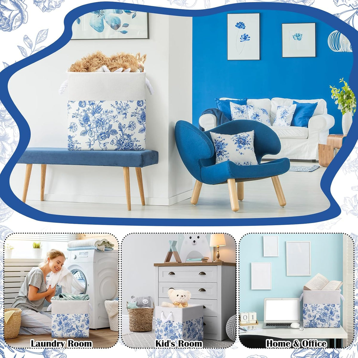 Blue Floral Cube Storage Bin Set of 6 Cube Storage Basket, 11.22 Inch