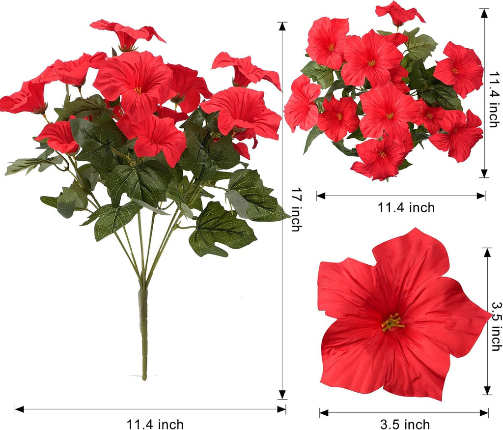 Artificial Fake Flowers Plants for Outdoor Decoration, 4PCS Faux Petunias Silk Flower UV Resistant No Fade for Home Outside Garden Balcony Yard Porch Realistic Indoor Decor (Red)