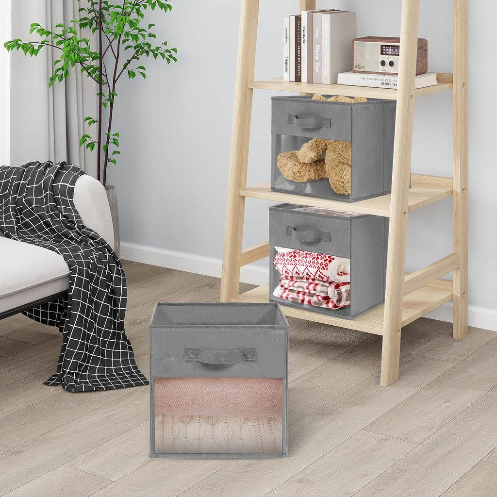 Storage Bins with Clear Window, 11x11 Storage Cubes, Collapsible Cube Storage Box, Fabric Closet Organizers with Handles for Home, Office, Shelf, Closets, Living Room, Grey, 12 Pack