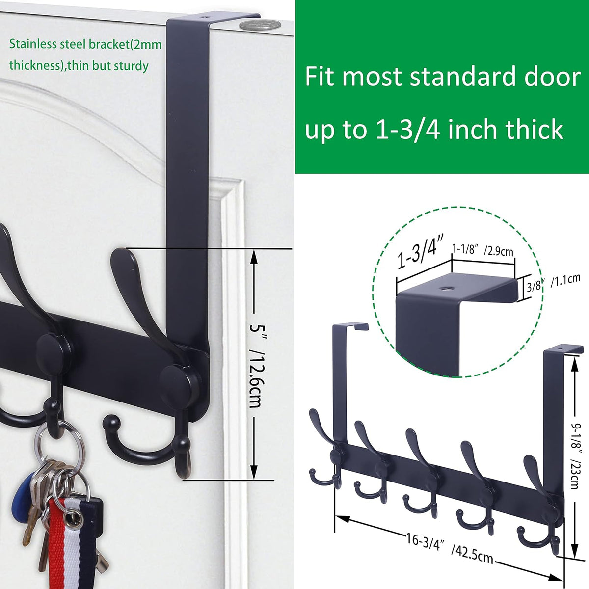 WEBI Over The Door Hook,Door Hanger Hook Rack with 5 Tri Hooks for Hanging Coats,Over Door Towel Rack Door Coat Towel Hanger Door Coat Rack for Bathroom,Behind Back of Door,Black