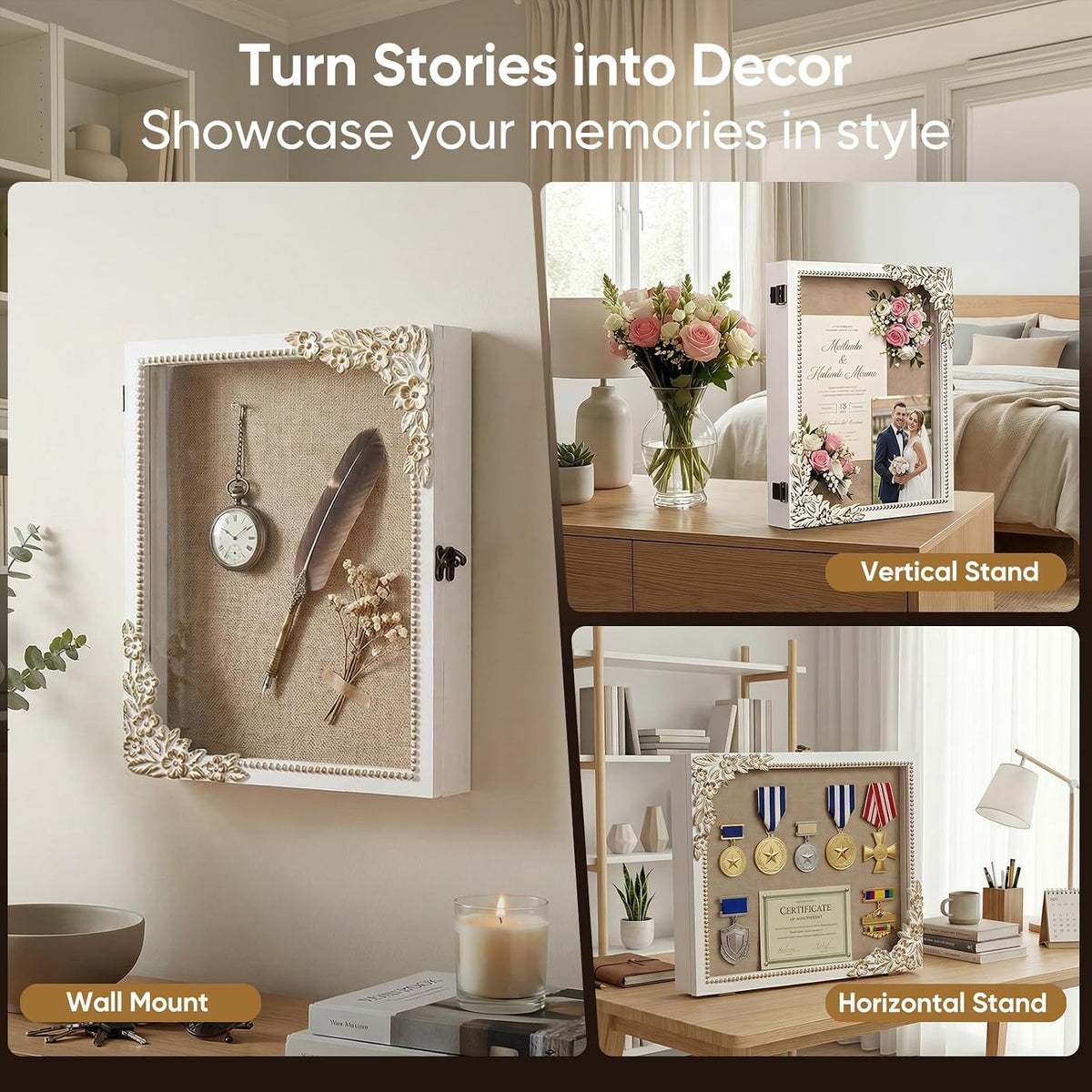 11x14 Shadow Box Frame, Vintage Gold & White Wood Display Case