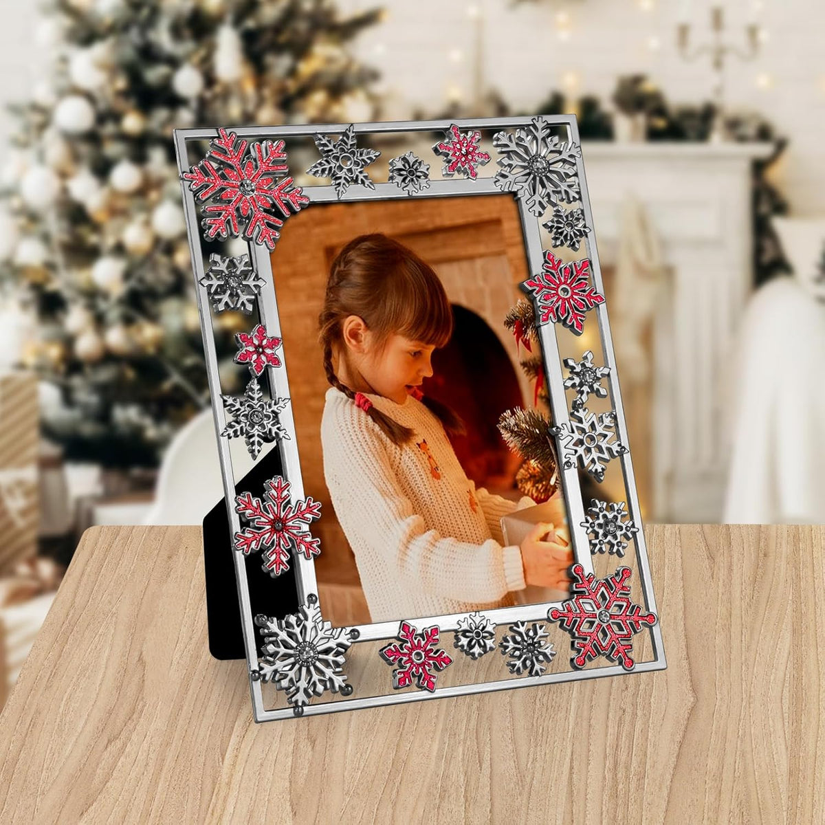 GUOER Christmas Decorations Photo Frame 4x6 Inch Snowflake Christmas Metal Photo Display Picture Photo Frames with High Definition Glass Front Gift Ideas Tabletop Home Decorative (Red)