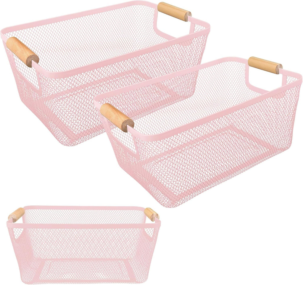 PTSGCAI 2Pack Metal Mesh Steel Basket with Bamboo Handle - Wire Metal Basket for Kitchen Organization, 12" Wide Food Organizer Bin, Perfect for Organizing Bulk Pantry (PINK)