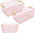 PTSGCAI 2Pack Metal Mesh Steel Basket with Bamboo Handle - Wire Metal Basket for Kitchen Organization, 12" Wide Food Organizer Bin, Perfect for Organizing Bulk Pantry (PINK)