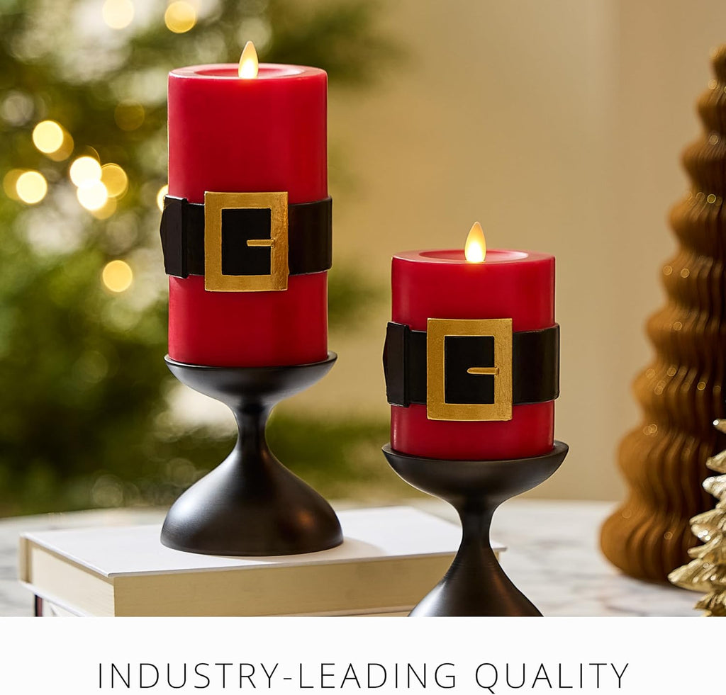 Luminara Flickering Flameless LED Candle, Battery Operated, Timer Function, Remote Ready (Sold Separately), Red Santa Belt 3.4" x 6.5" Pillar, Unscented Real Wax Moving Flame, Christmas Holiday Decor