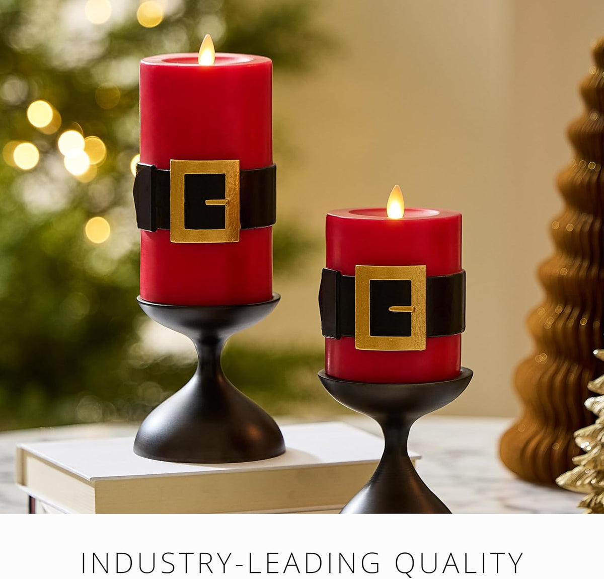 Luminara Flickering Flameless LED Candle, Battery Operated, Timer Function, Remote Ready (Sold Separately), Red Santa Belt 3.4" x 6.5" Pillar, Unscented Real Wax Moving Flame, Christmas Holiday Decor