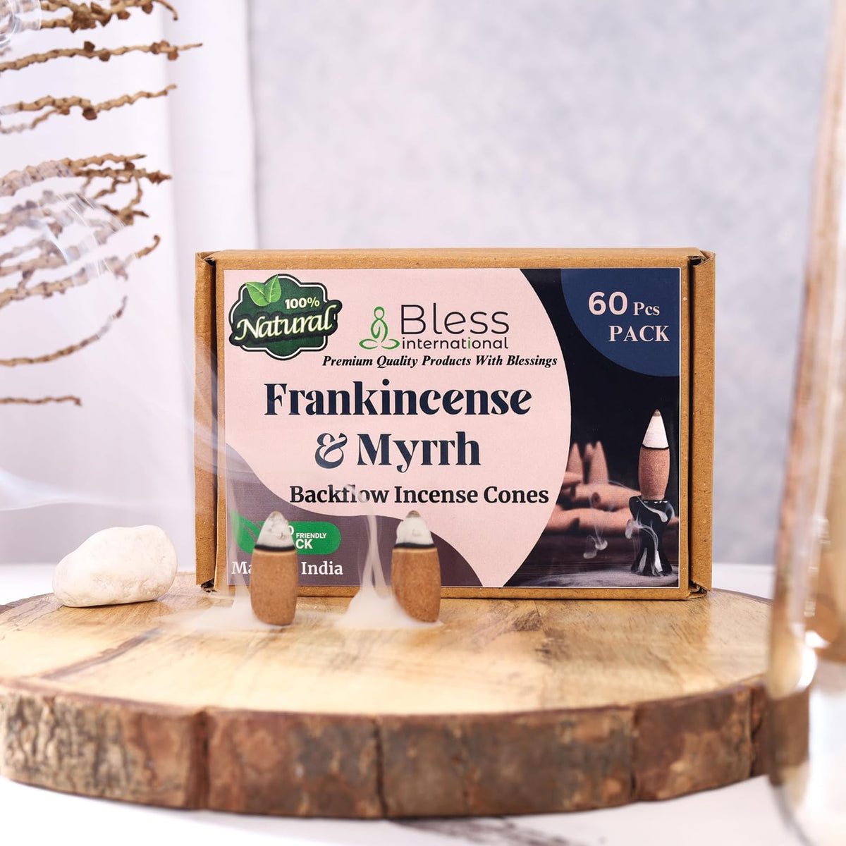 Bless-International Frankincense-and-Myrrh-100%-Natural-Incense-Backflow-Cones-for-Waterfall Handmade-Organic-Chemicals-Free for-Purification-Relaxation-Positivity-Meditation The-Best-scents-60-Count