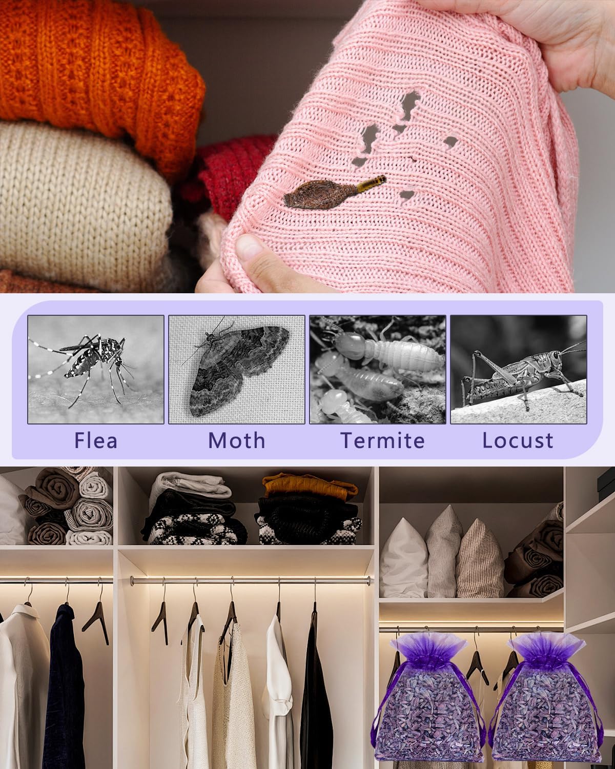 26 Pack French Lavender Sachet Bags, 100% Natural French Potpourri Dried Lavender Sachets for Drawers and Closets, Strong Smell Fragrance Fresh Scents Home
