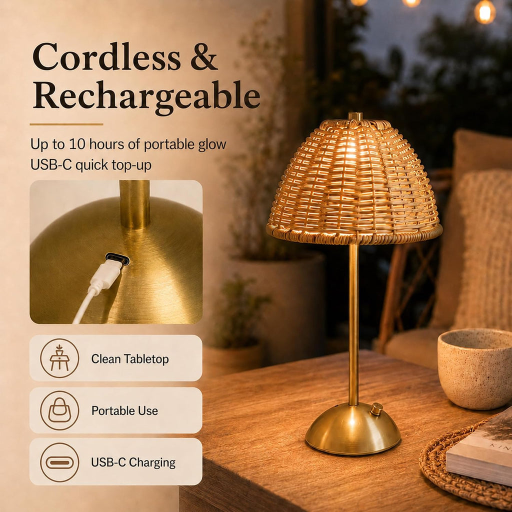 2 Pack Boho Rattan Table Lamp, Cordless Rechargeable Reading Night Light