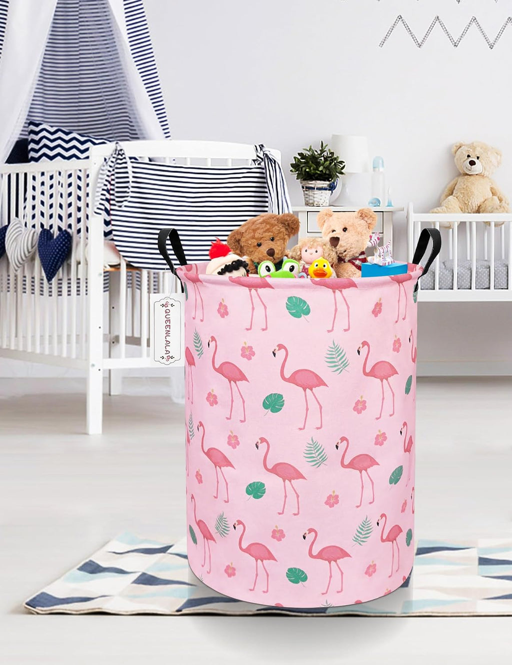 Foldable Waterproof Round Fabric Laundry Basket Home, Pink Flamingo