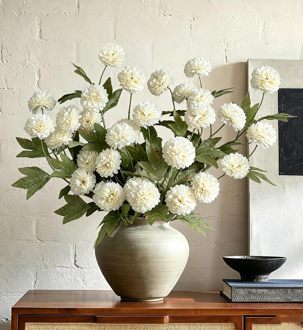 6PCS Cream Mums Long Stem Faux Fall Flowers Realistic Artificial Fall Flowers Indoor 25.5" Faux Silk Mums Flower Stems for Vases Flowers Artificial for Decoration Farmhouse Home Decor