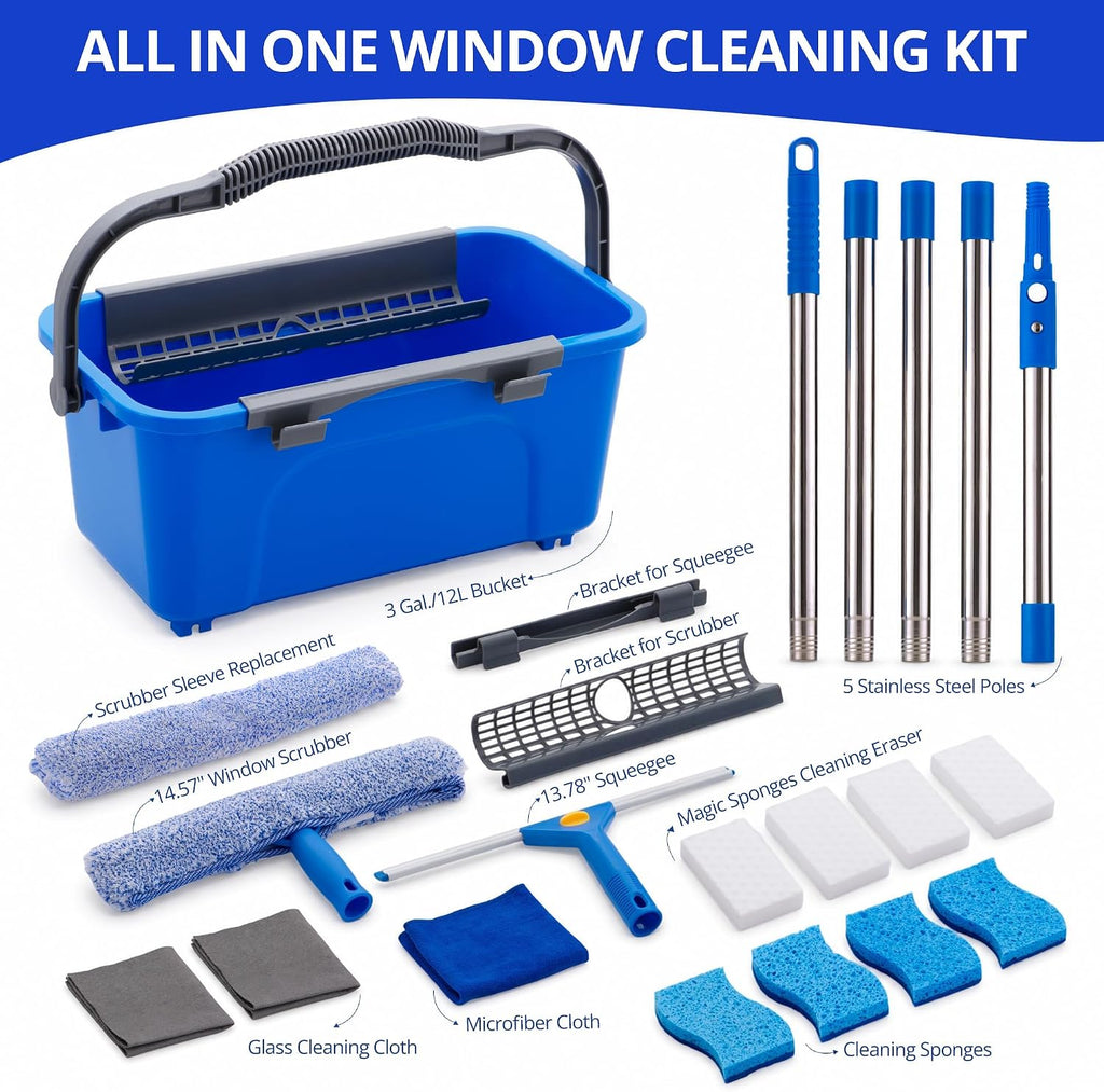 Window Cleaning Kit with Bucket, 76" Extension Pole, Squeegee & Scrubber