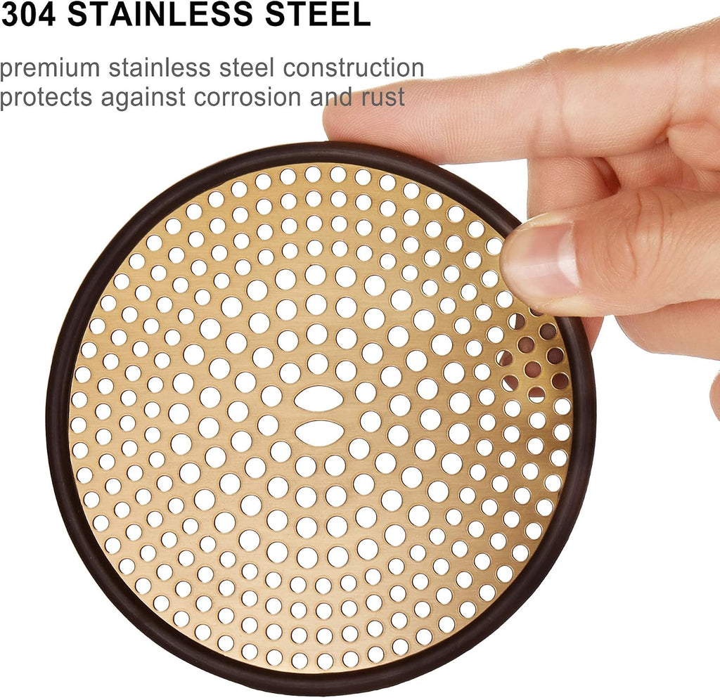 304 Stainless Steel Hair Catcher Shower Drain Cover with Silicone, Shower Stall Drain Strainer, Bathtub Hair Stopper, Bathroom Hair Trap Floor Drain Protector, Brushed Gold Brass 4.33 Inch Round Flat