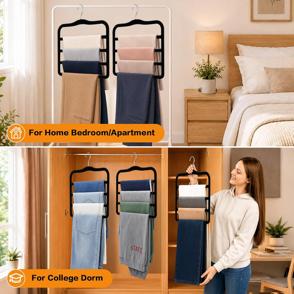 Velvet Pants Hangers Space Saving, Multi-Tier Closet Organizers for Jeans Trousers Skirts Scarves, Non-Slip Vertical Storage for College Dorm & Apartment Essentials (4 Pack-Black)