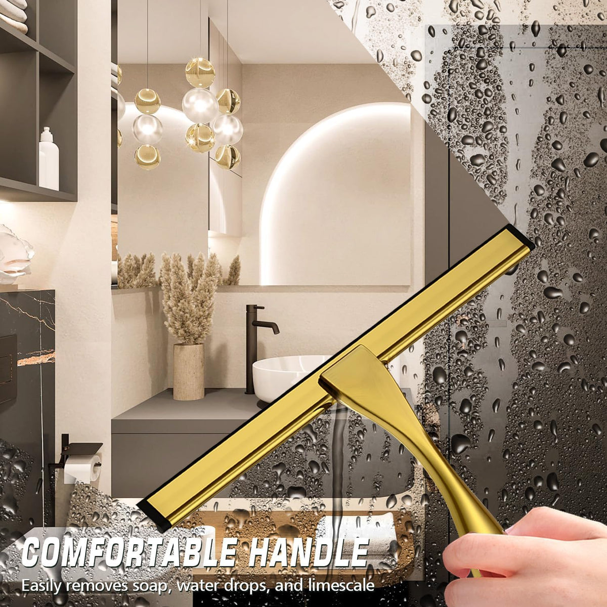 Stainless Steel Shower Squeegee for Glass Door with 3 Adhesive Hook, Glass Cleaning Squeegee for Bathroom & Household Window, Mirrors, Tiles and Car, Clear 10 Inches Golden