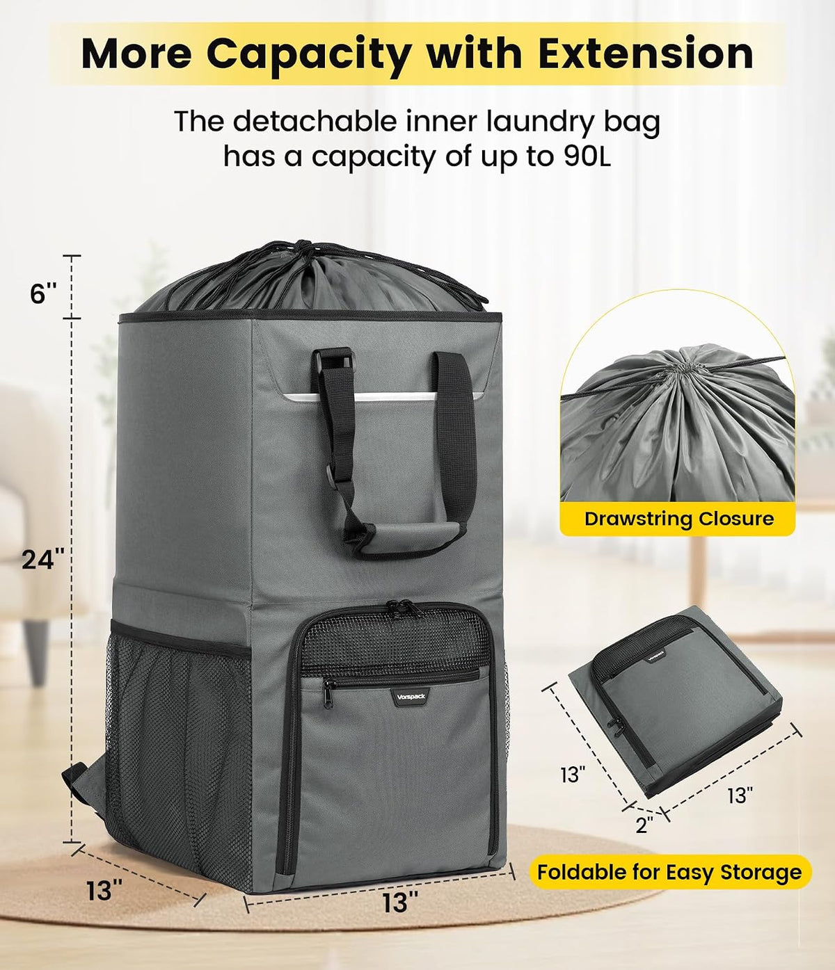 Vorspack Laundry Backpack for College Students, 2 in 1 Laundry Bag, Grey