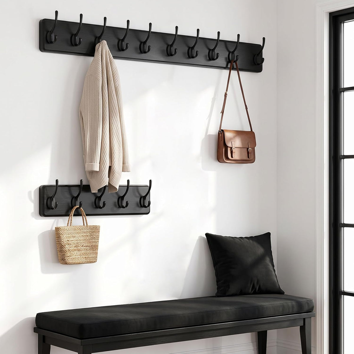 WEBI Coat Rack Wall Mount,38 9/16" Long,10 Hooks,Coat Hooks Wall Mounted Large Coat Hanger Wall Hooks for Hanging Coats,Clothes,Jacket,Hats,Entryway,Black