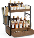 2-Tier Bathroom Counter Organizer with Drawer Basket and Hooks, Wood Bathroom Organizers and Storage for countertop, Farmhouse Dark Brown Countertop Organizer, Counter Shelf for Vanity Kitchen Office