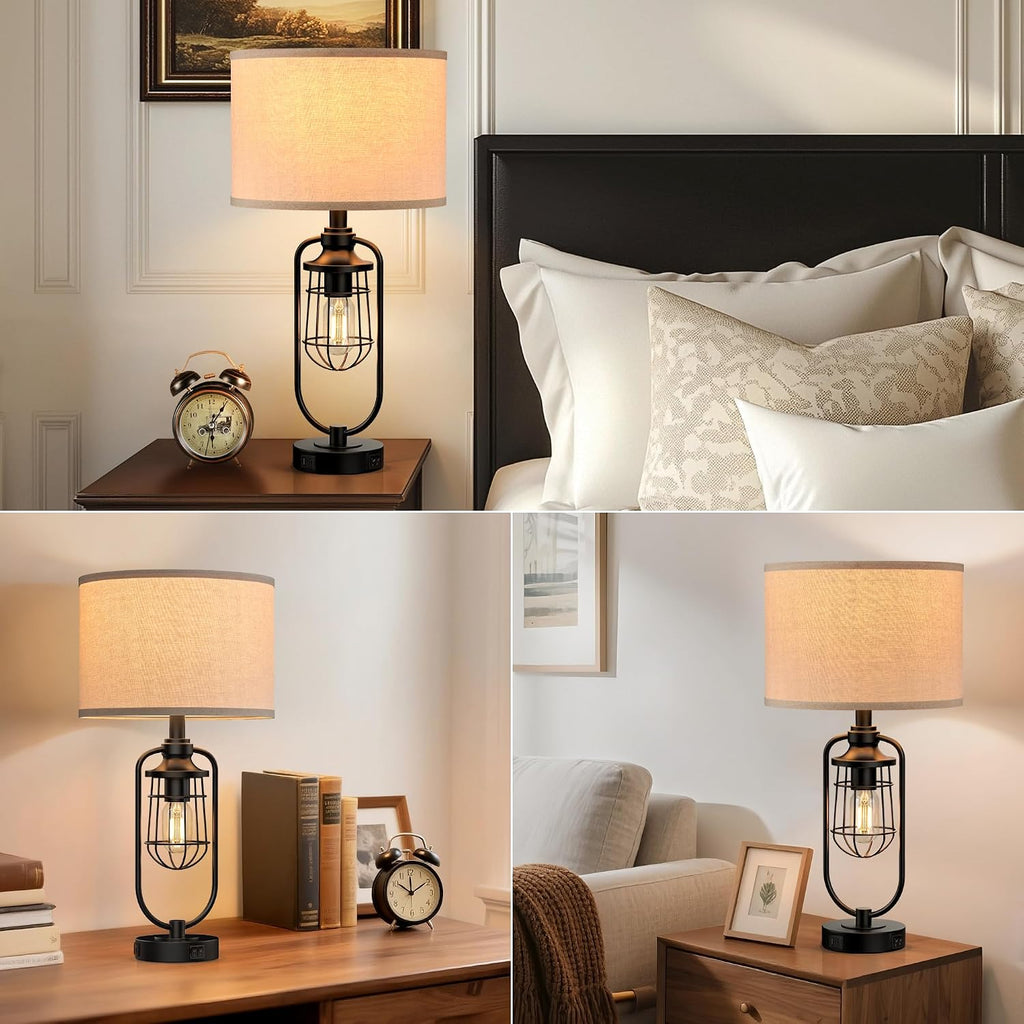 24" Farmhouse Black Table Lamps Set of 2 for Living Room, USB A+C
